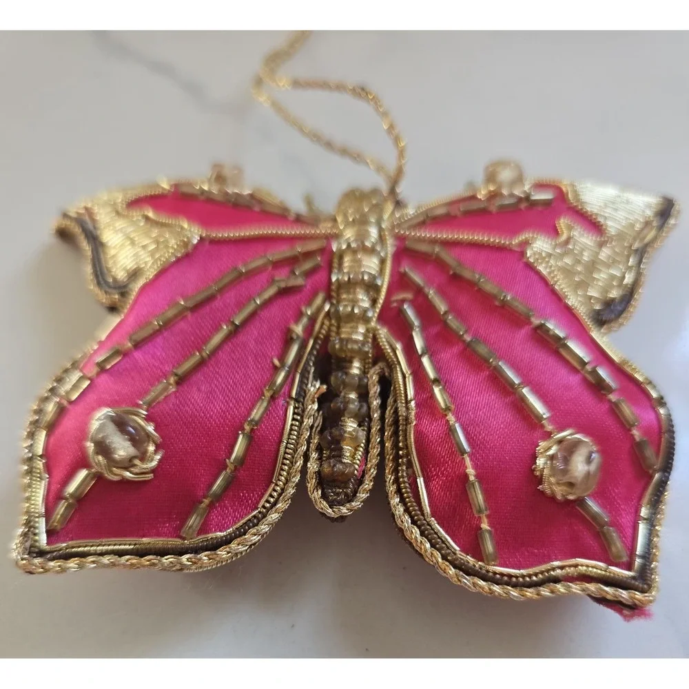 Vtg Butterfly Christmas Ornaments Decorative Pink‎ Gold Thread Beaded Set Of 2
